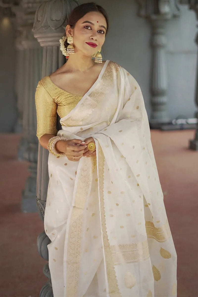 Effulgent Off White Linen Silk Saree With Ravishing Blouse Piece
