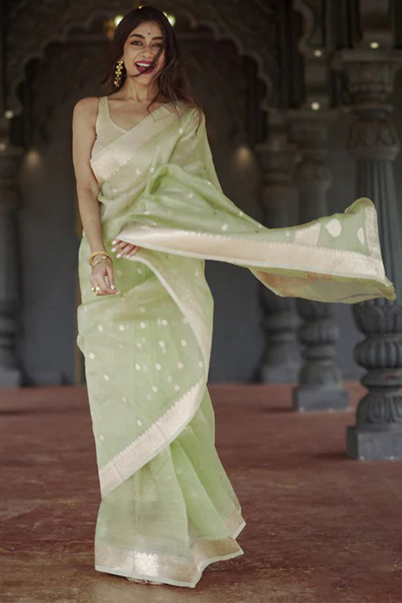Nebula Pista Linen Silk Saree With Alluring Blouse Piece