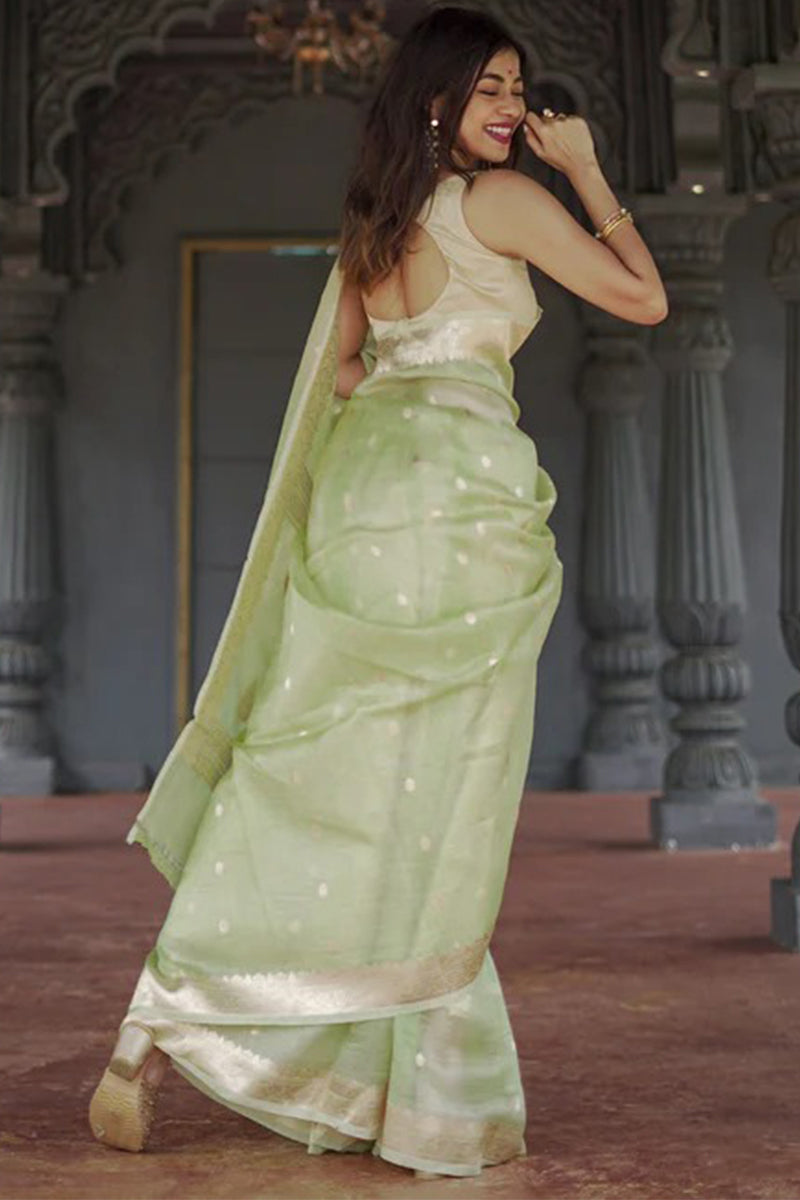 Nebula Pista Linen Silk Saree With Alluring Blouse Piece