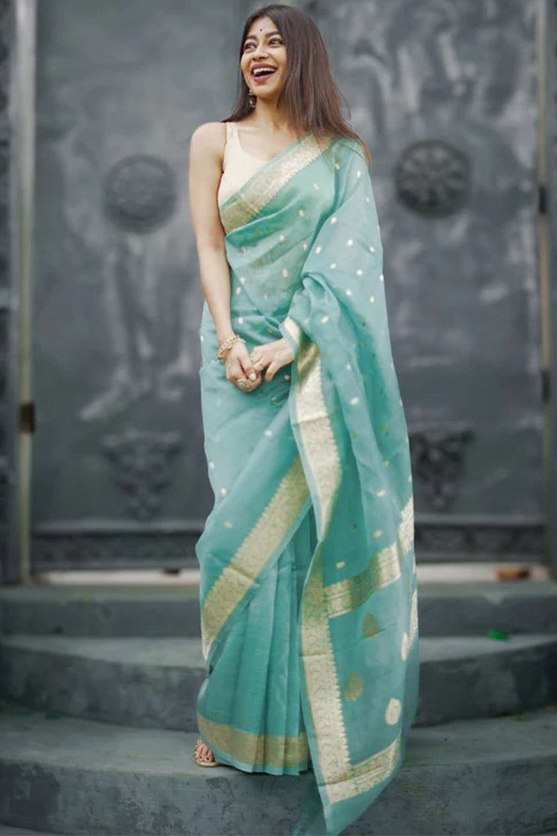 Vivacious Turquoise Linen Silk Saree With Incomparable Blouse Piece