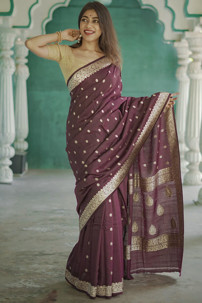 Exemplary Wine Linen Silk Saree With Seraphic Blouse Piece