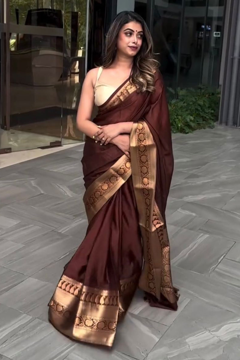 Impressive Wine Soft Silk Saree With Innovative Blouse Piece
