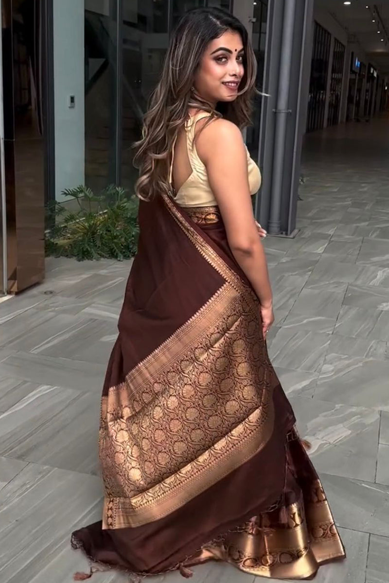 Impressive Wine Soft Silk Saree With Innovative Blouse Piece