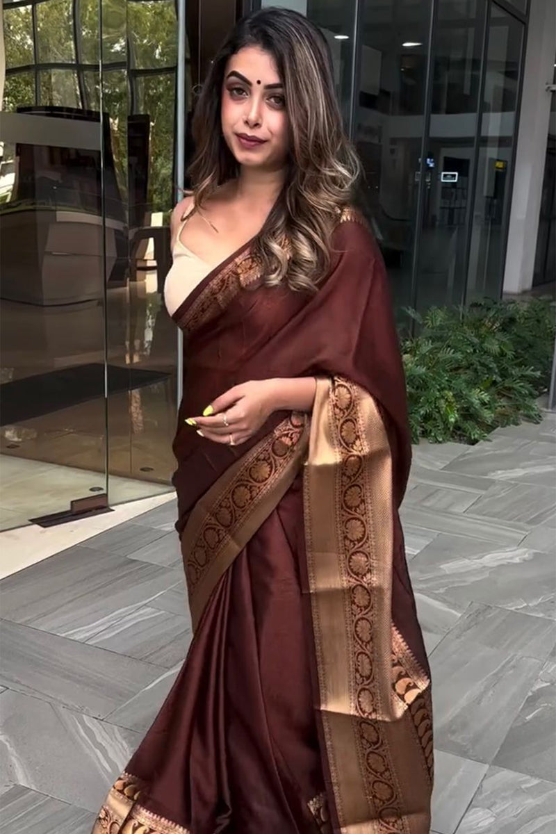 Impressive Wine Soft Silk Saree With Innovative Blouse Piece