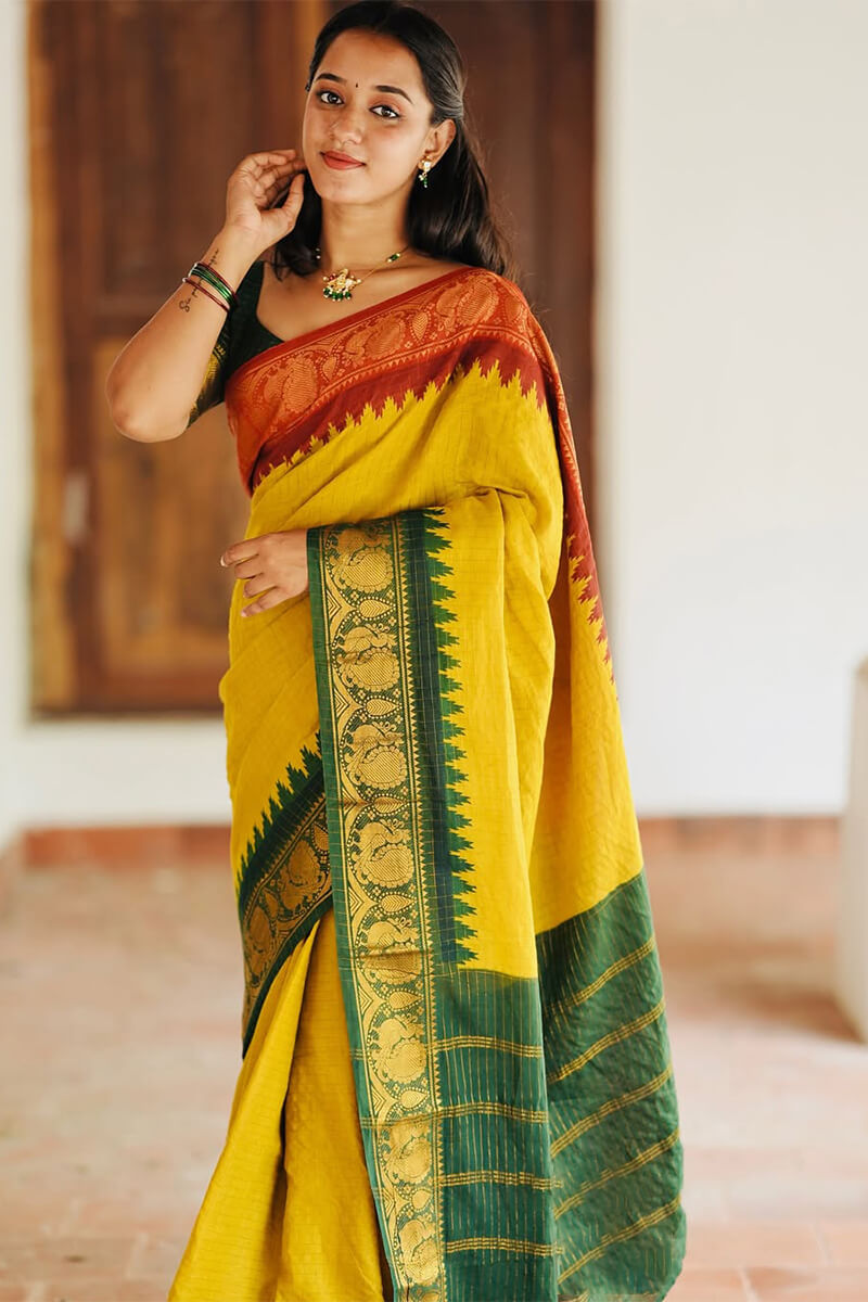 Fragrant Yellow Soft Silk Saree With Resplendent Blouse Piece