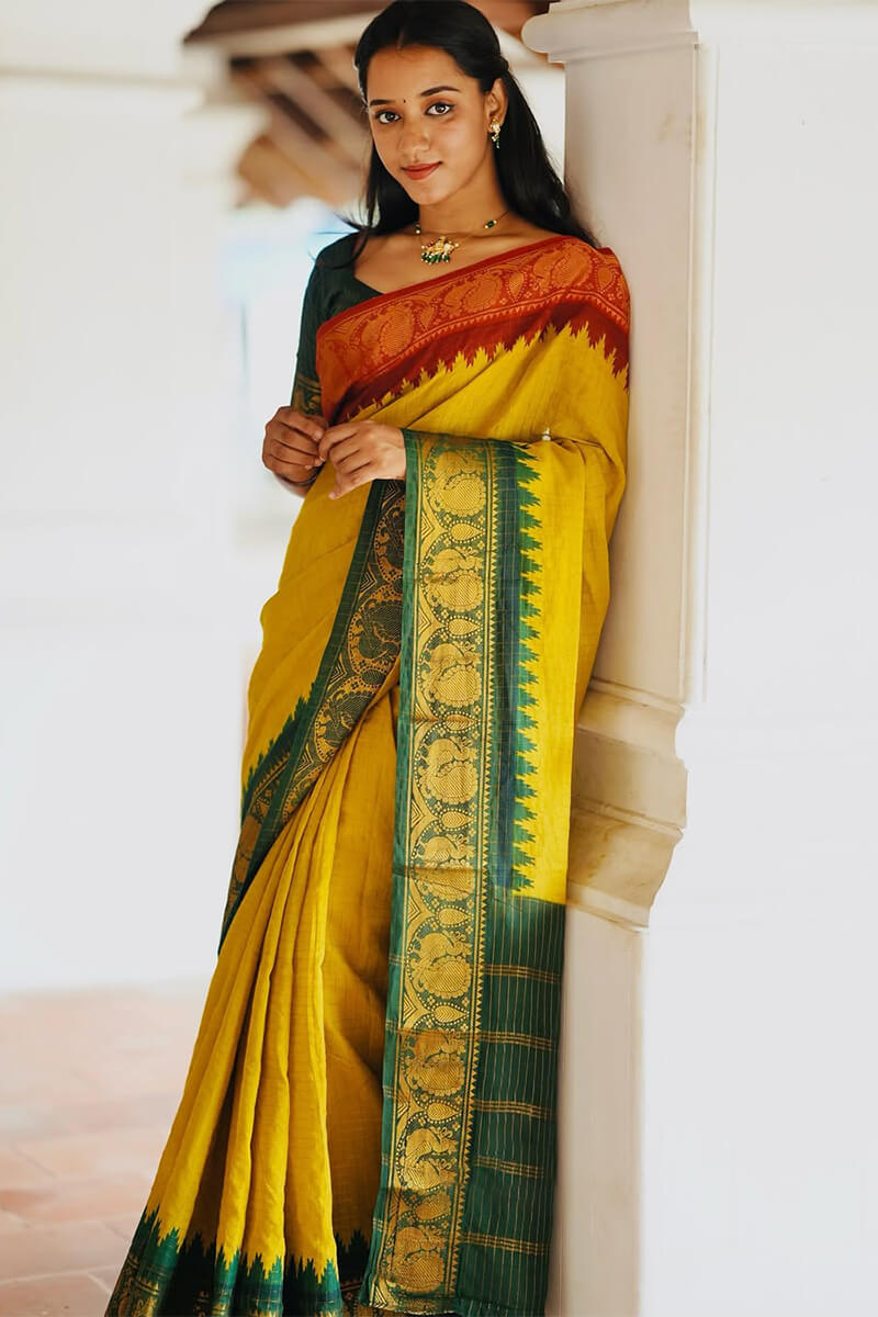Fragrant Yellow Soft Silk Saree With Resplendent Blouse Piece