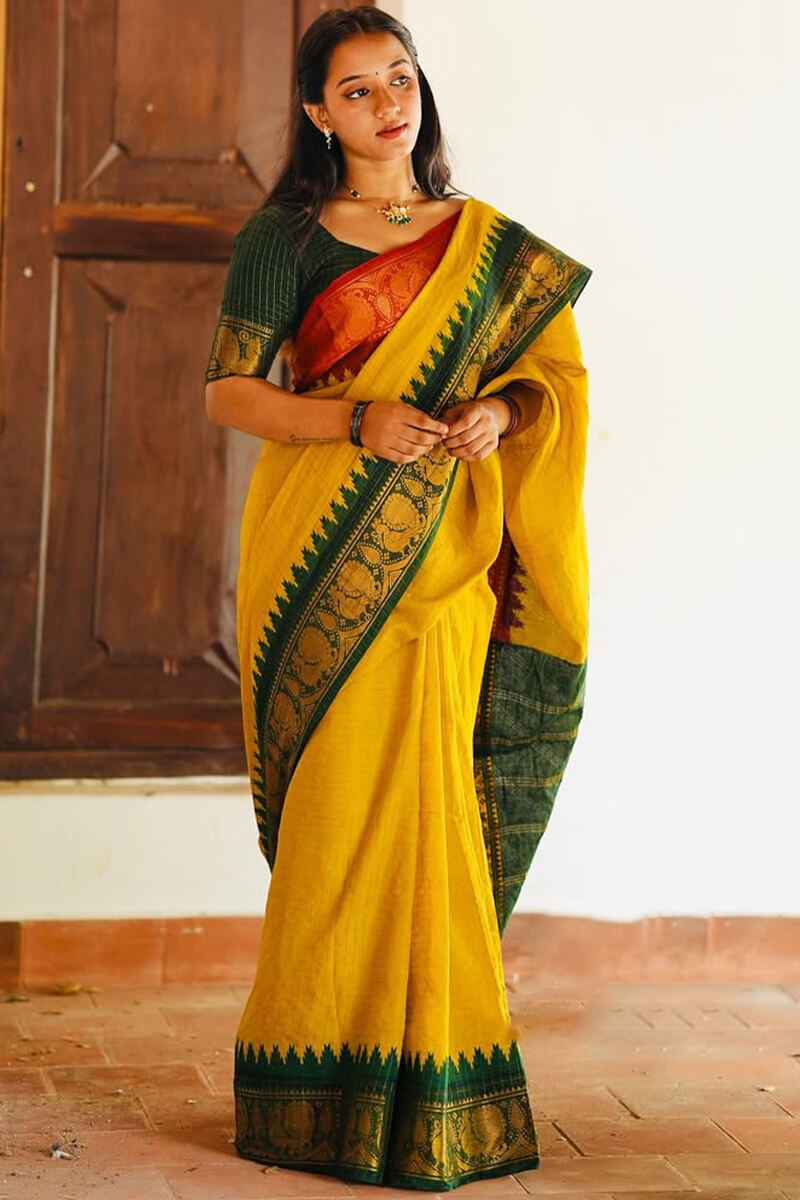 Fragrant Yellow Soft Silk Saree With Resplendent Blouse Piece
