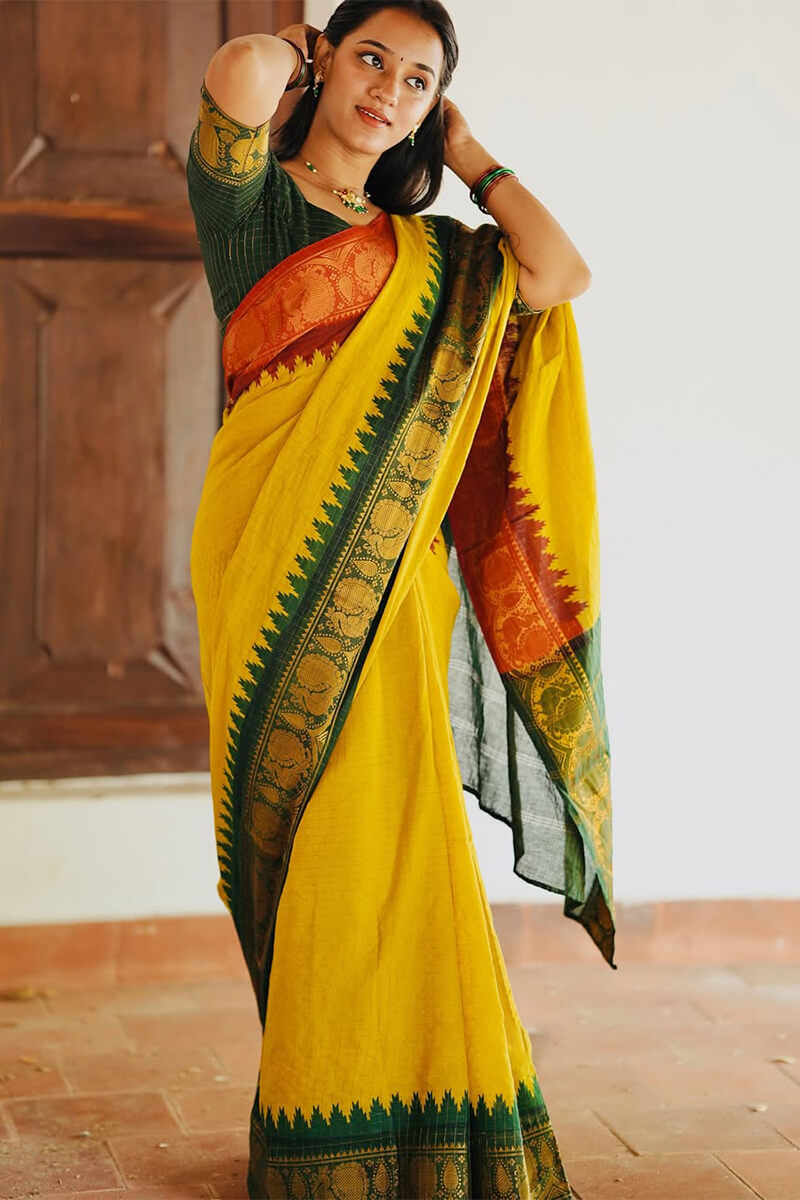 Fragrant Yellow Soft Silk Saree With Resplendent Blouse Piece