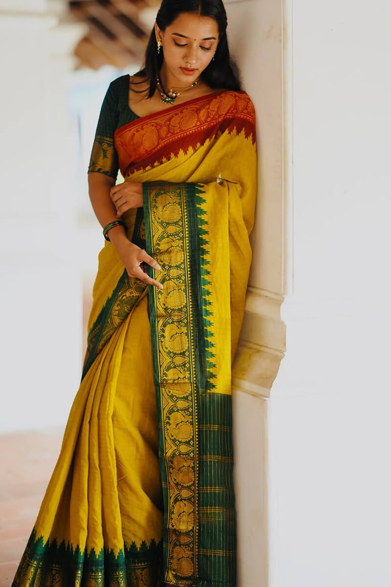 Fragrant Yellow Soft Silk Saree With Resplendent Blouse Piece