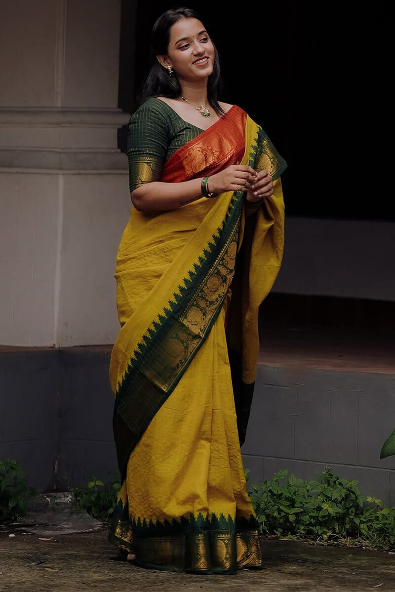 Fragrant Yellow Soft Silk Saree With Resplendent Blouse Piece