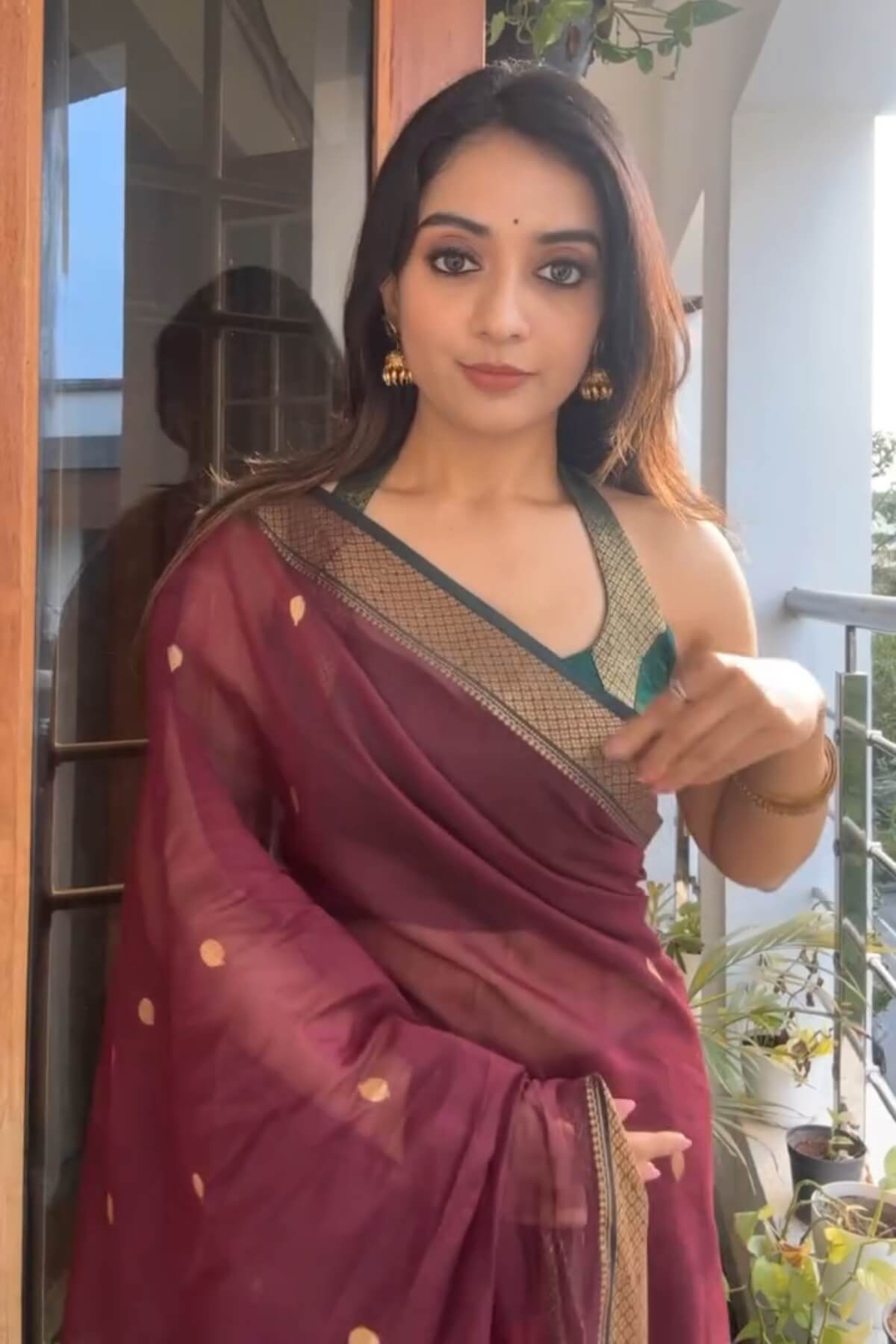 Embellished Wine Soft Silk Saree With Diaphanous Blouse Piece