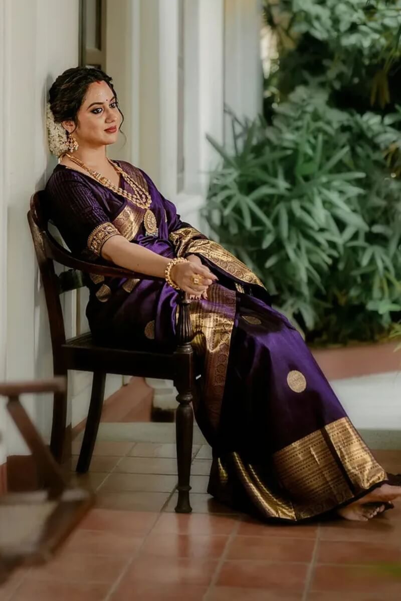 Woebegone Purple Soft Banarasi Silk Saree With Prodigal Blouse Piece