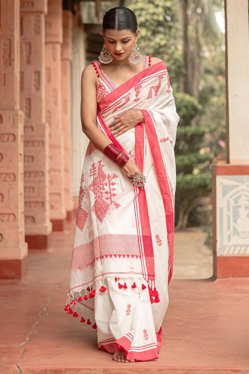Felicitous Off White Cotton Silk Saree With Conflate Blouse Piece