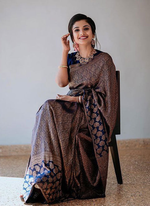 Palimpsest Navy Blue Soft Banarasi Silk Saree With Desultory Blouse Piece