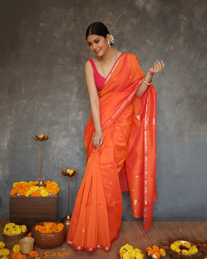 Petrichor Orange Cotton Silk Saree With Effulgent Blouse Piece