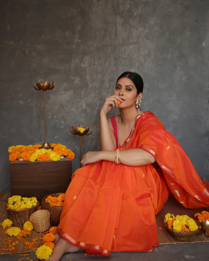 Petrichor Orange Cotton Silk Saree With Effulgent Blouse Piece