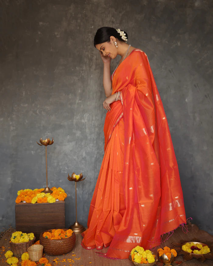 Petrichor Orange Cotton Silk Saree With Effulgent Blouse Piece