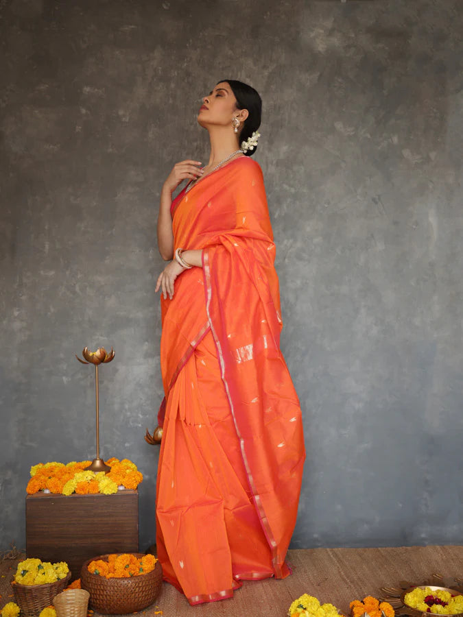 Petrichor Orange Cotton Silk Saree With Effulgent Blouse Piece