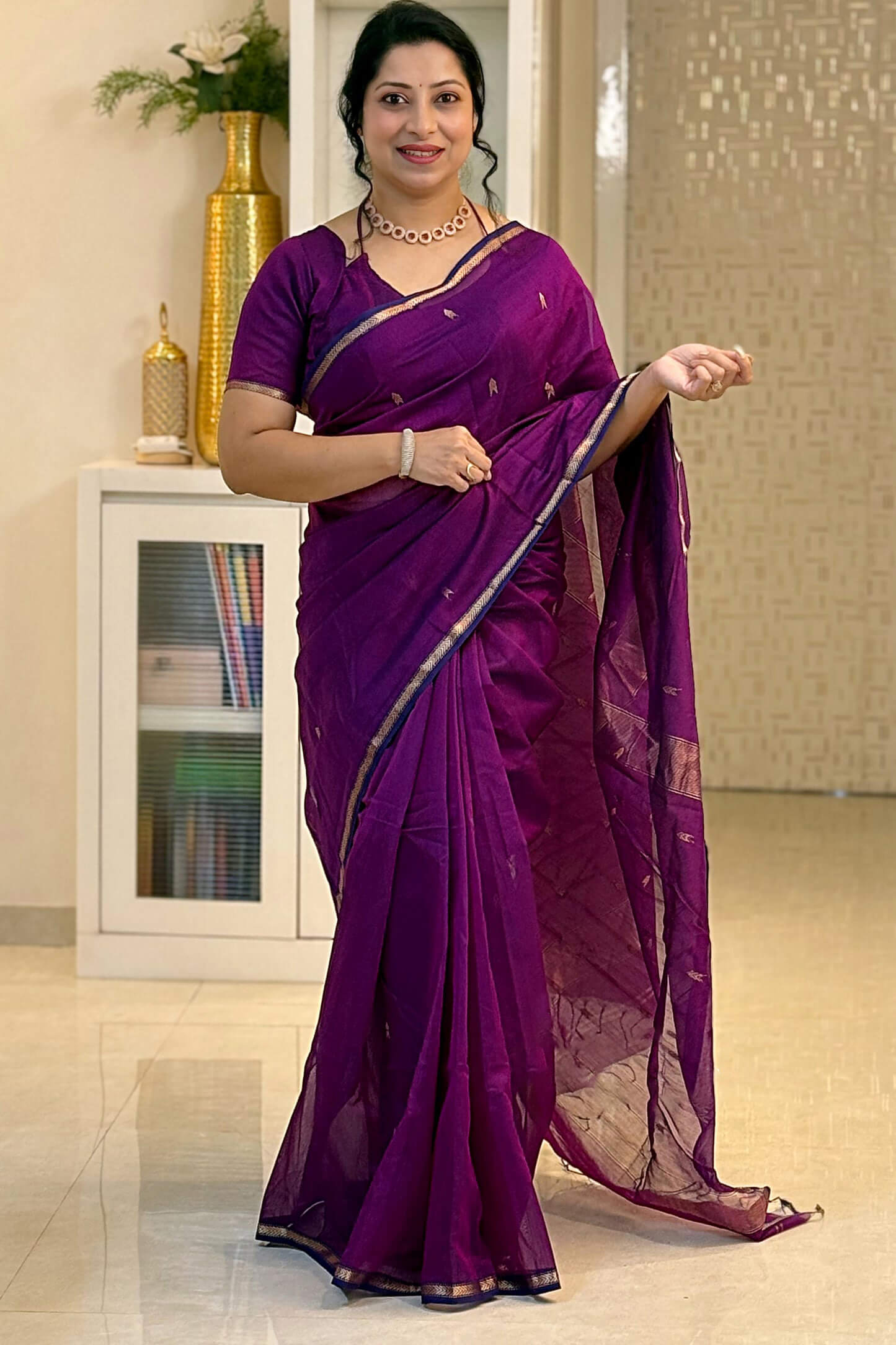 Tempting Purple Cotton Silk Saree With Evocative Blouse Piece