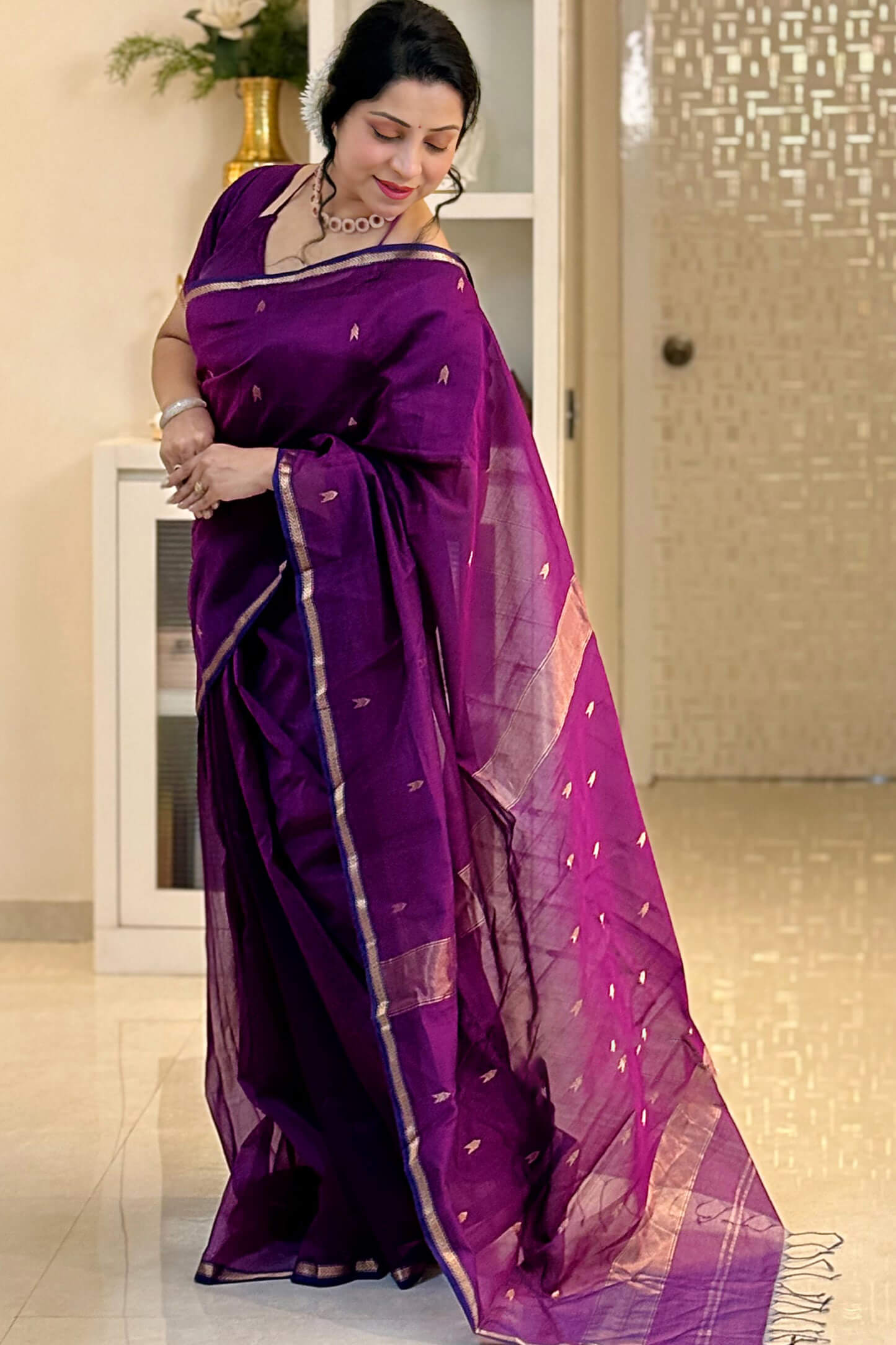 Tempting Purple Cotton Silk Saree With Evocative Blouse Piece