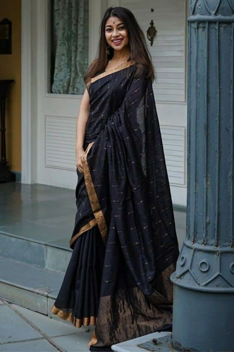 Majestic Black Cotton Silk Saree With Embellished Blouse Piece