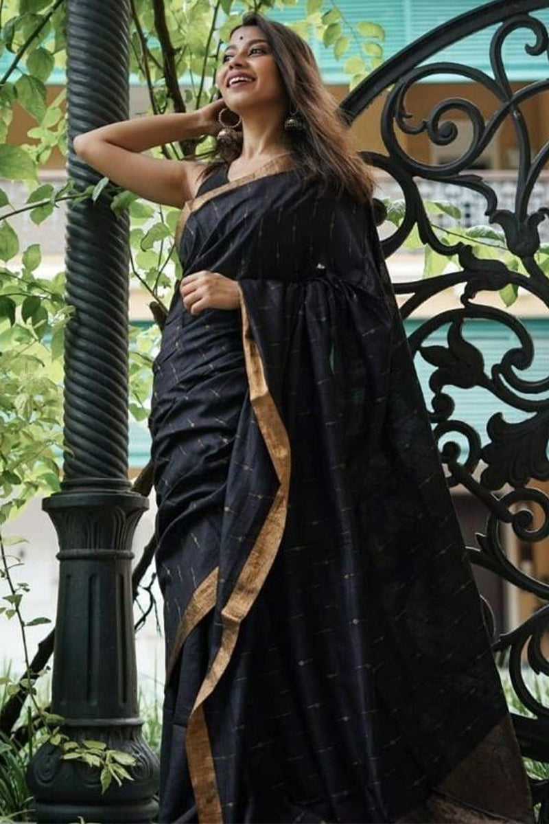 Majestic Black Cotton Silk Saree With Embellished Blouse Piece