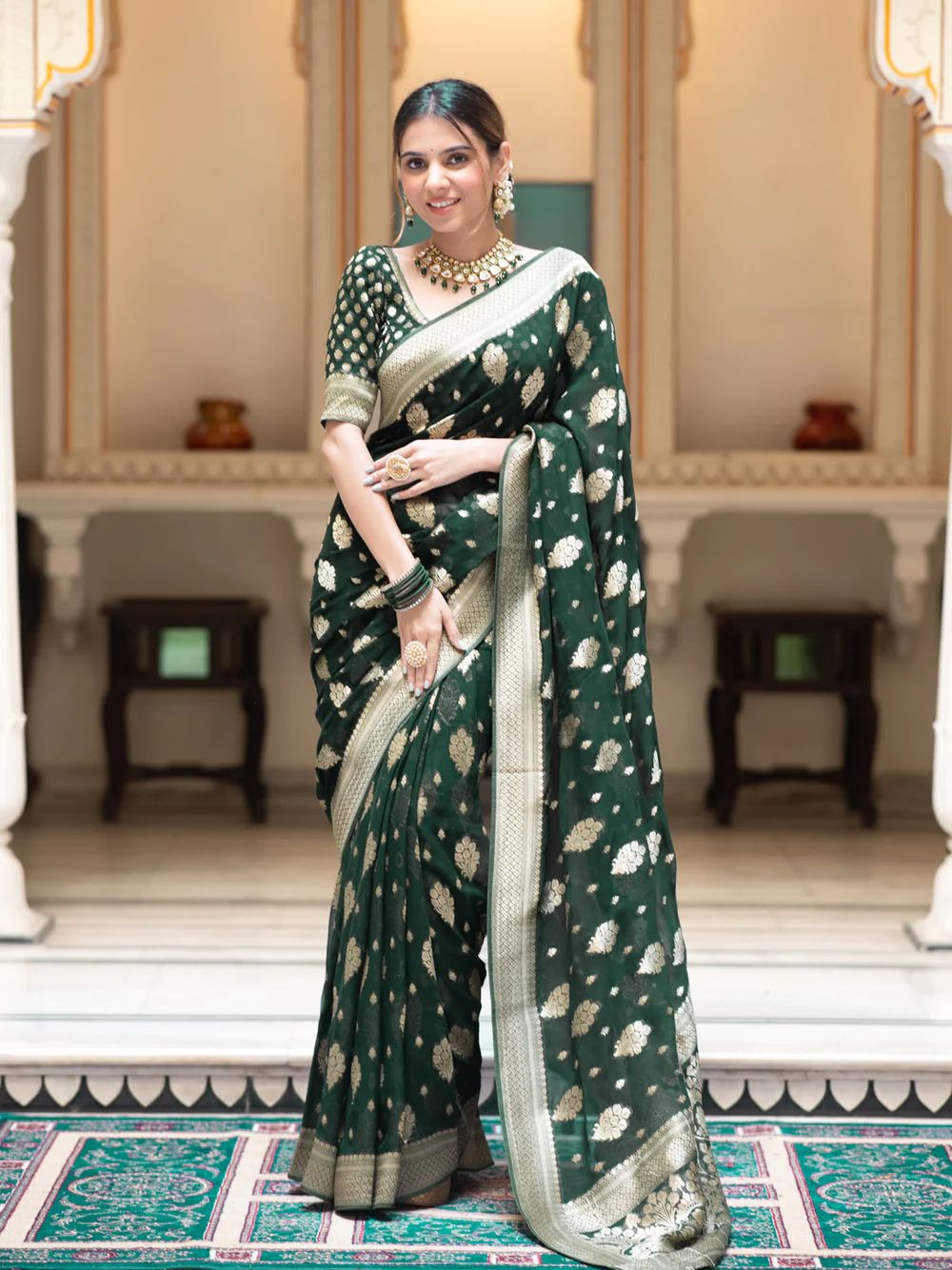 Ideal Dark Green Soft Banarasi Silk Saree With Conflate Blouse Piece