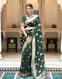 Ideal Dark Green Soft Banarasi Silk Saree With Conflate Blouse Piece