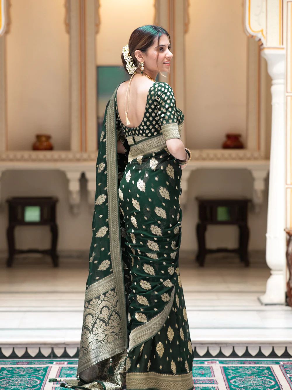 Ideal Dark Green Soft Banarasi Silk Saree With Conflate Blouse Piece