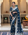 Tempting Navy Blue Soft Banarasi Silk Saree With Unequalled Blouse Piece