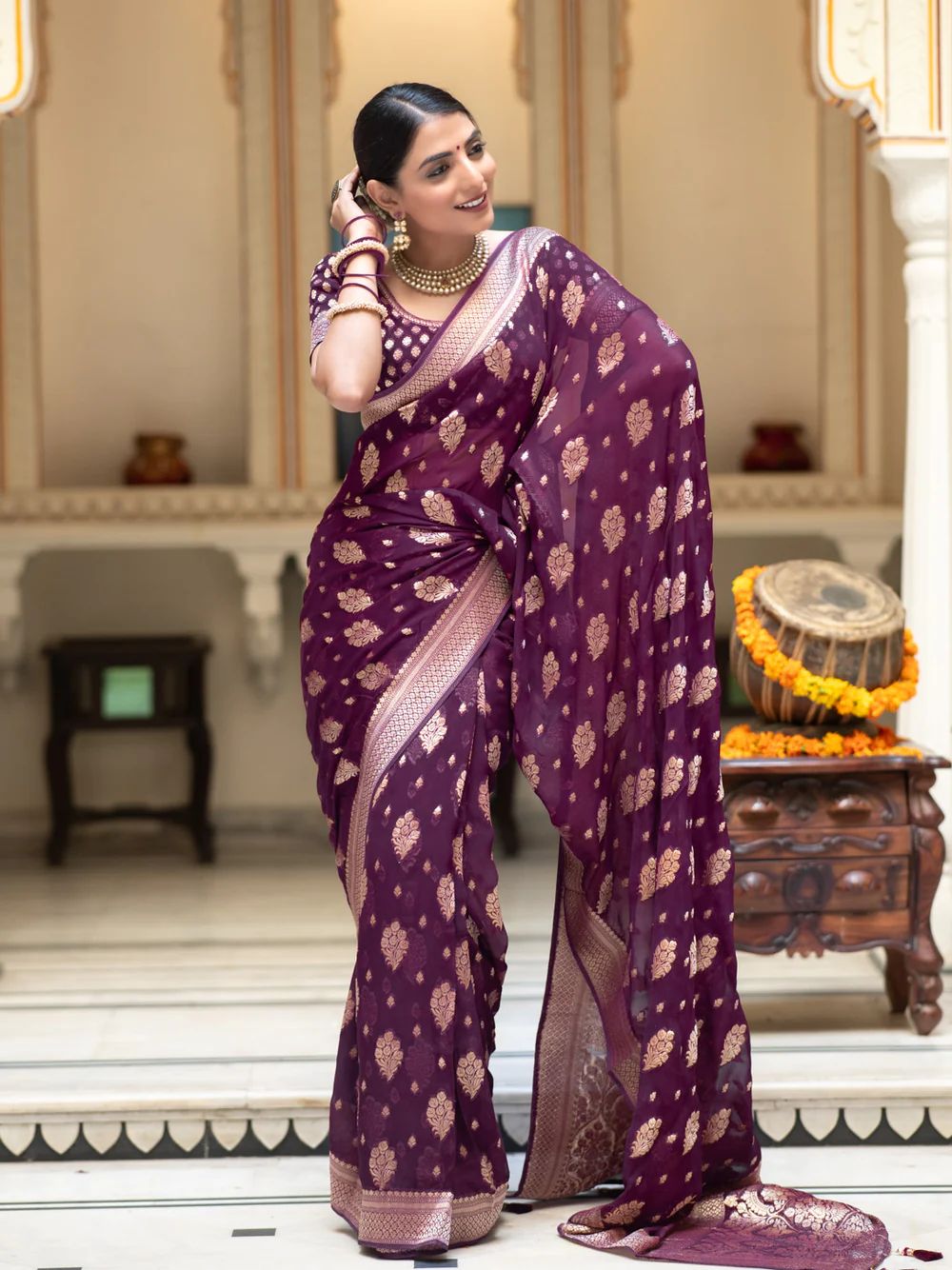 Palimpsest Wine Soft Banarasi Silk Saree With Glittering Blouse Piece