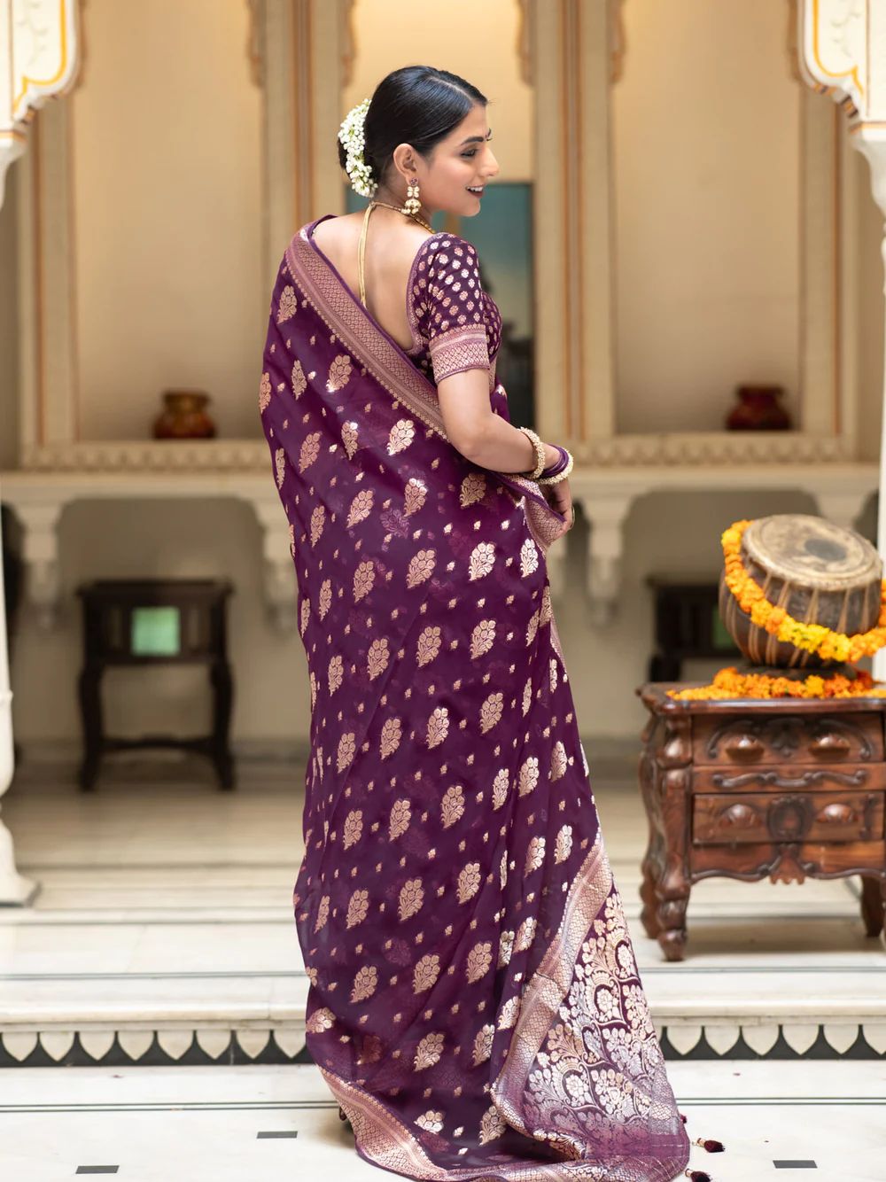 Palimpsest Wine Soft Banarasi Silk Saree With Glittering Blouse Piece