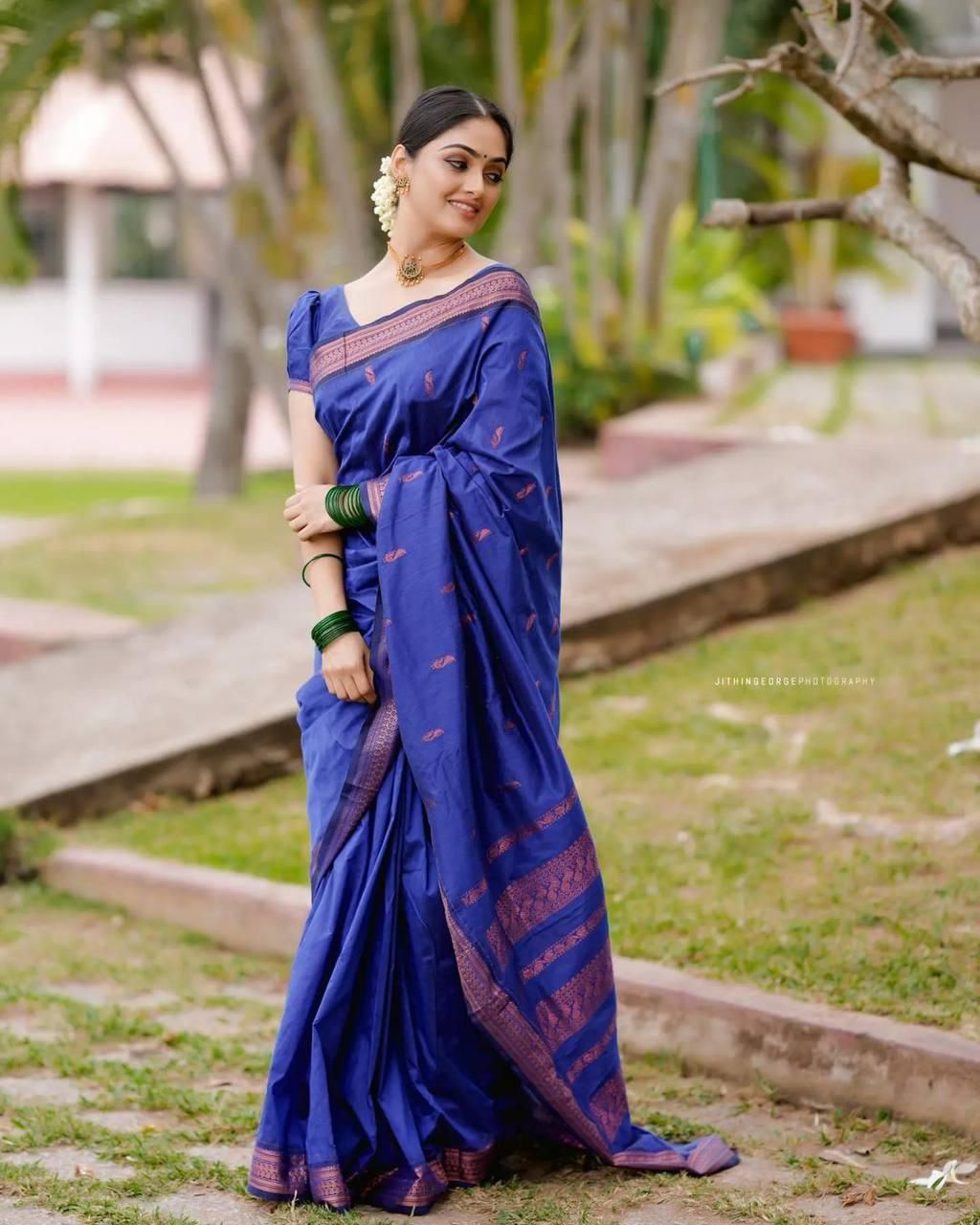 Jubilant Royal Blue Soft Silk Saree With Ailurophile Blouse Piece