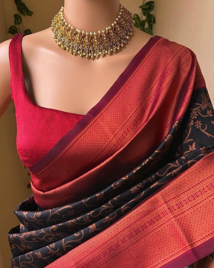 Mesmeric Black Soft Silk Saree With Eloquence Blouse Piece