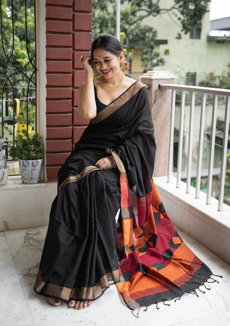 Skinny Black Cotton Silk Saree With Super extravagant  Blouse Piece