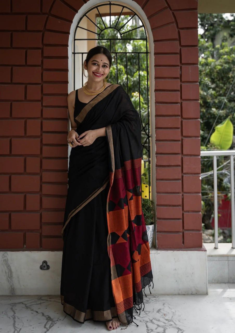 Skinny Black Cotton Silk Saree With Super extravagant  Blouse Piece