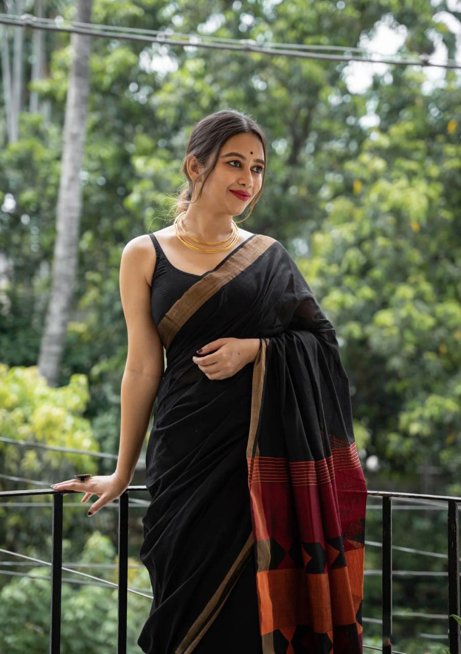 Skinny Black Cotton Silk Saree With Super extravagant  Blouse Piece