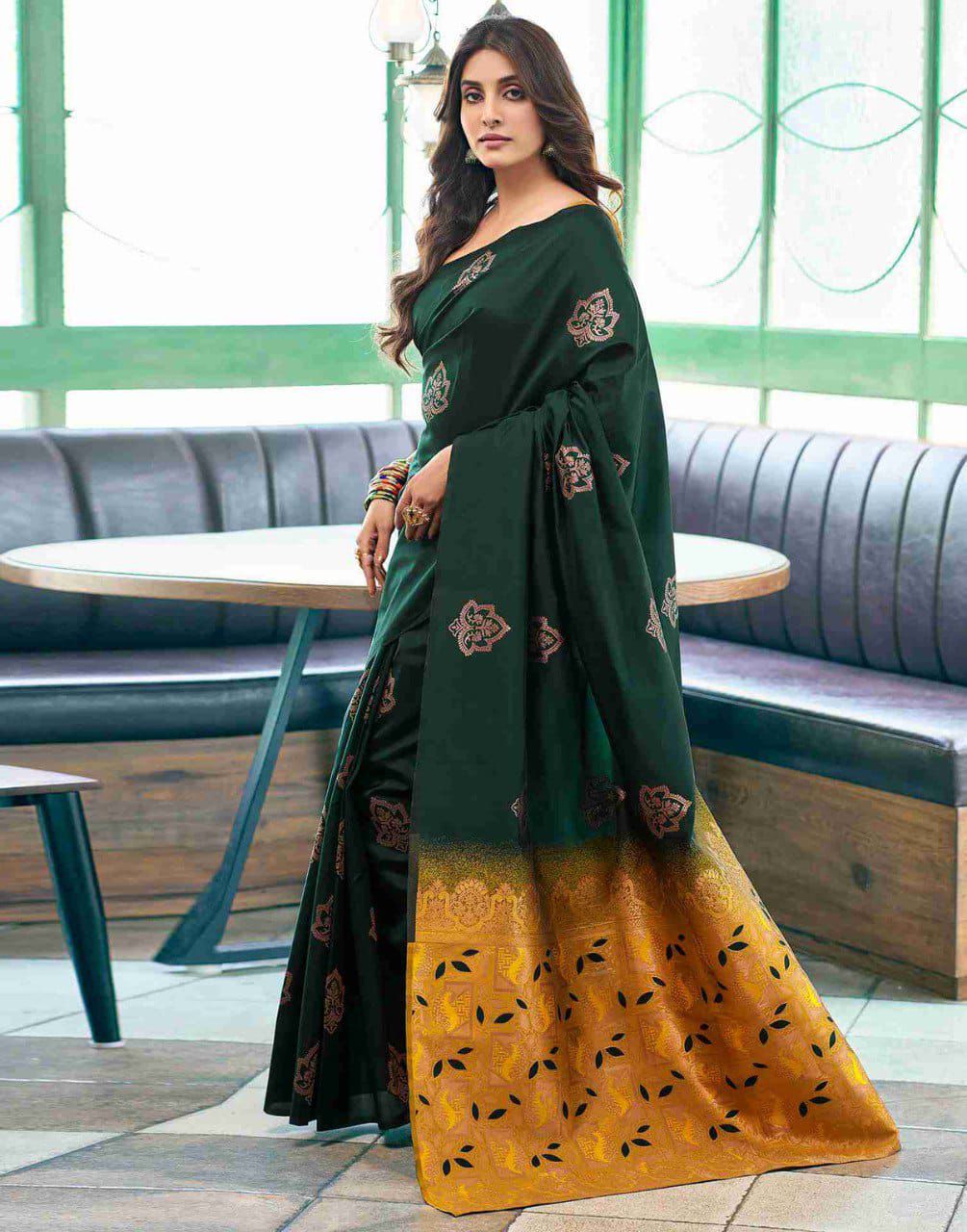 Divine Dark Green Soft Silk Saree With Preferable Blouse Piece