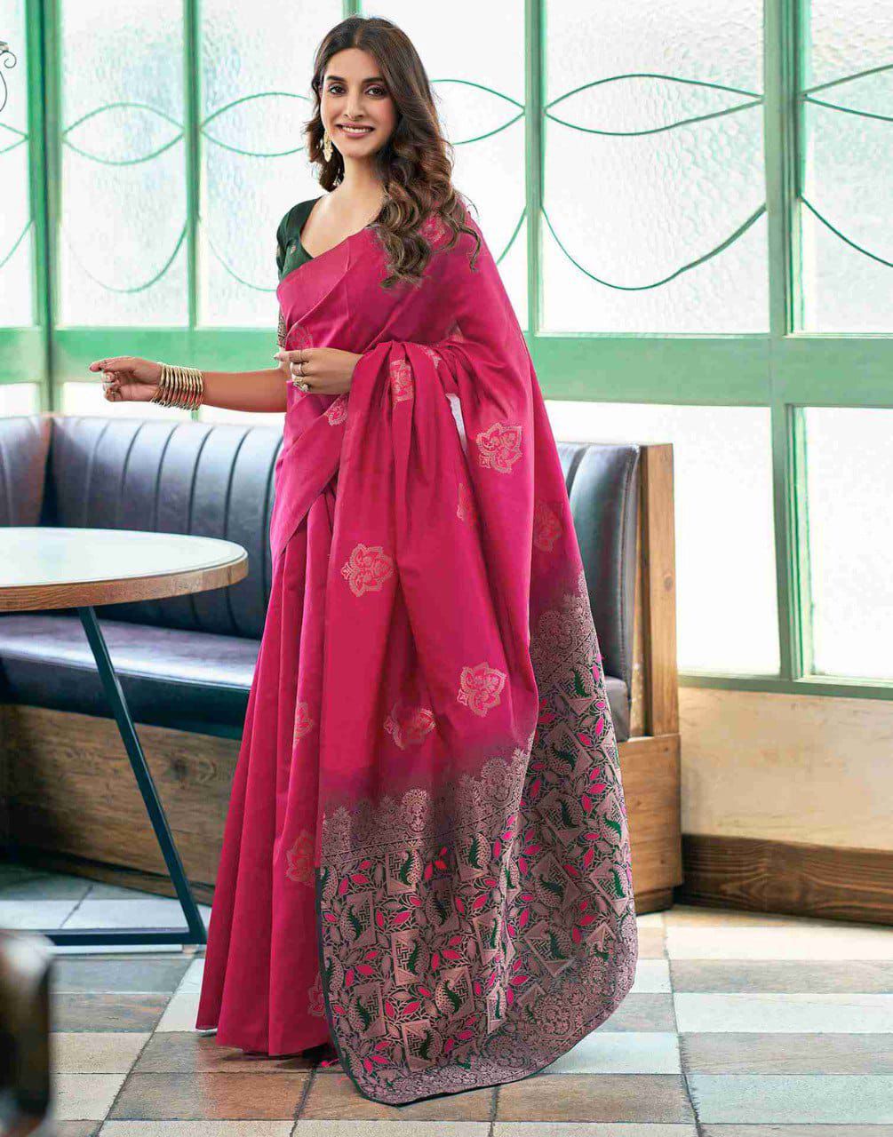 Engrossing Dark Pink Soft Silk Saree With Skinny Blouse Piece
