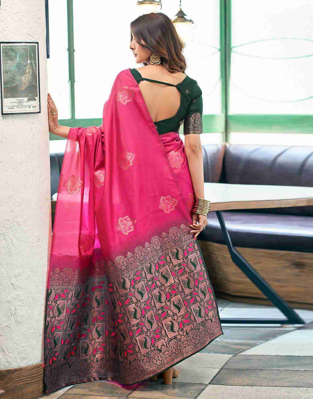 Engrossing Dark Pink Soft Silk Saree With Skinny Blouse Piece