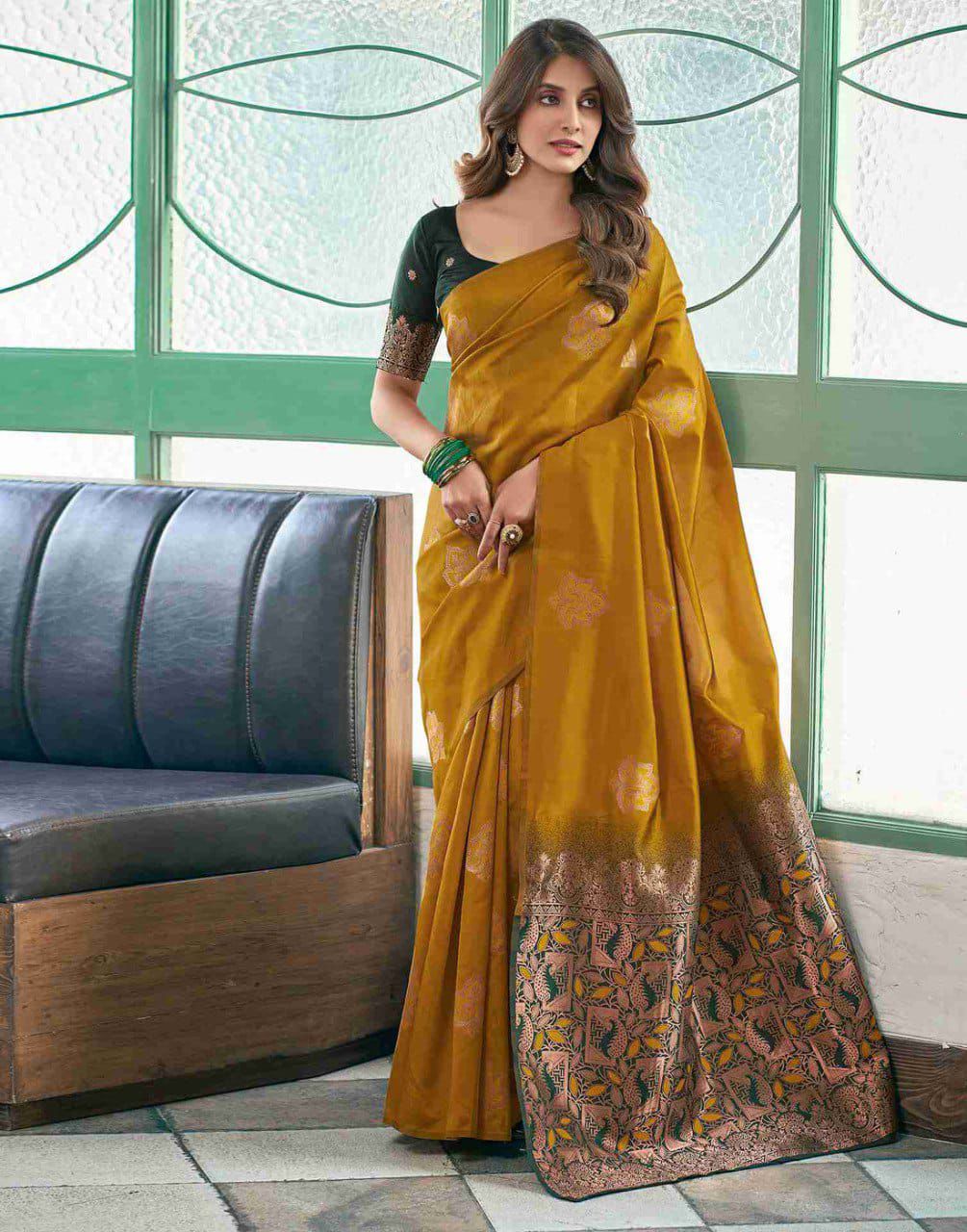 Precious Mustard Soft Silk Saree With Marvellous Blouse Piece