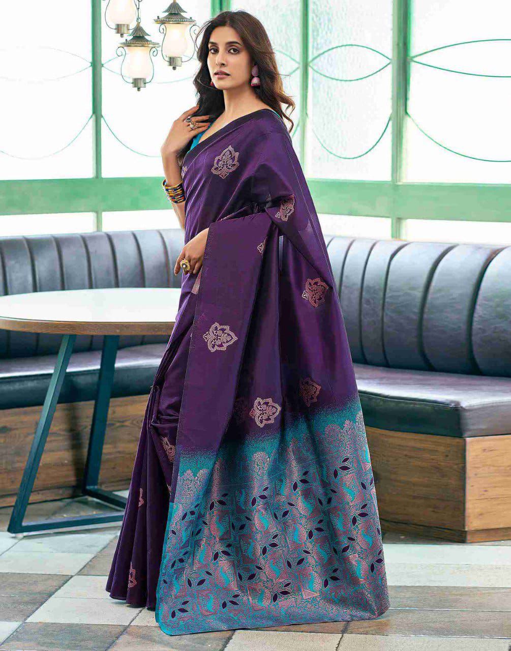 Cynosure Purple Soft Silk Saree With Proficient Blouse Piece