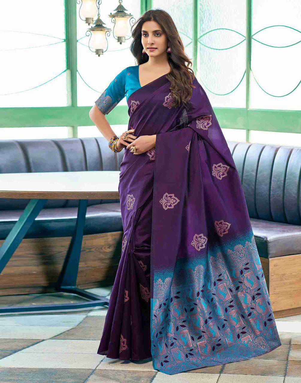 Cynosure Purple Soft Silk Saree With Proficient Blouse Piece