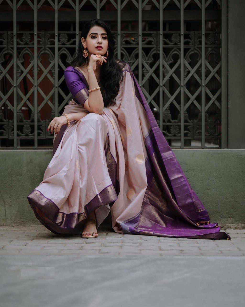 Enchanting Peach Soft Silk Saree With Embrocation Blouse Piece