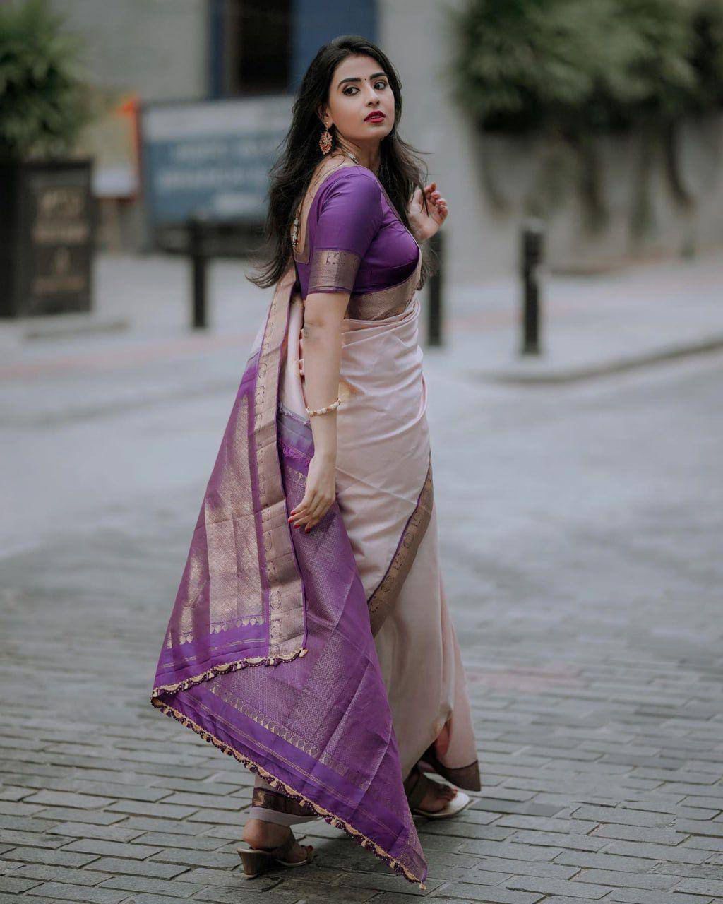 Enchanting Peach Soft Silk Saree With Embrocation Blouse Piece