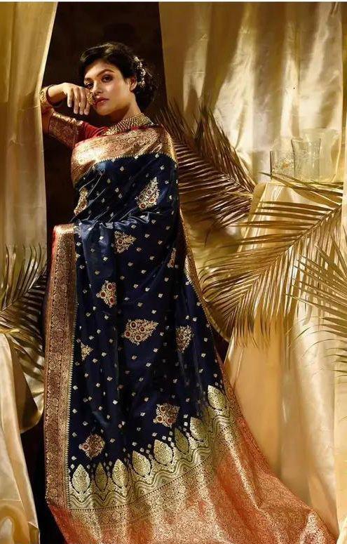 Appealing Navy Blue Soft Silk Saree With Gleaming Blouse Piece