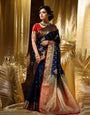 Appealing Navy Blue Soft Silk Saree With Gleaming Blouse Piece