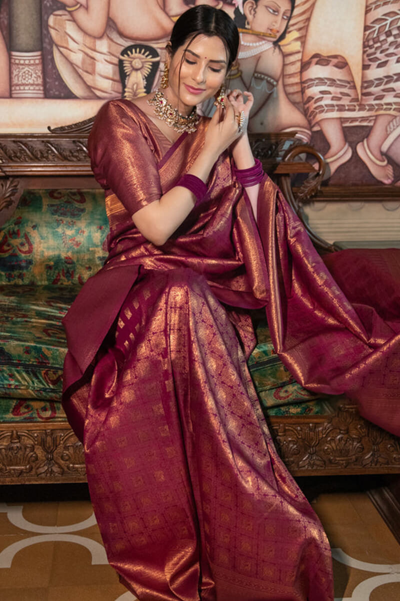 Ineffable Wine Soft Silk Saree With Nectarous Blouse Piece