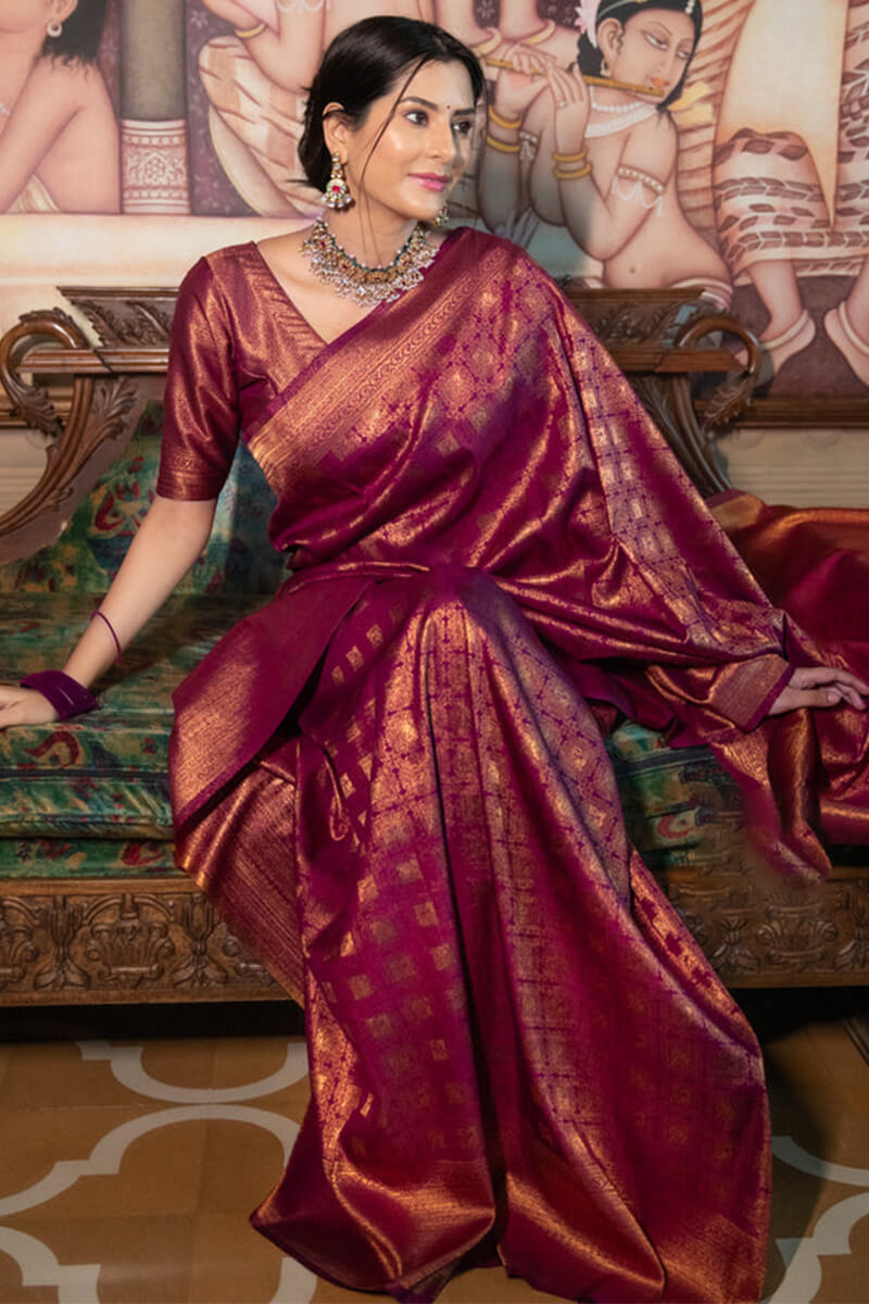 Ineffable Wine Soft Silk Saree With Nectarous Blouse Piece