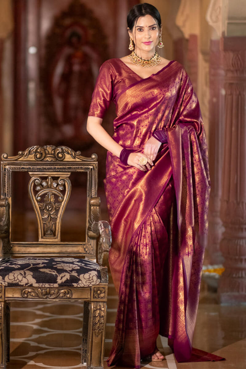Ineffable Wine Soft Silk Saree With Nectarous Blouse Piece
